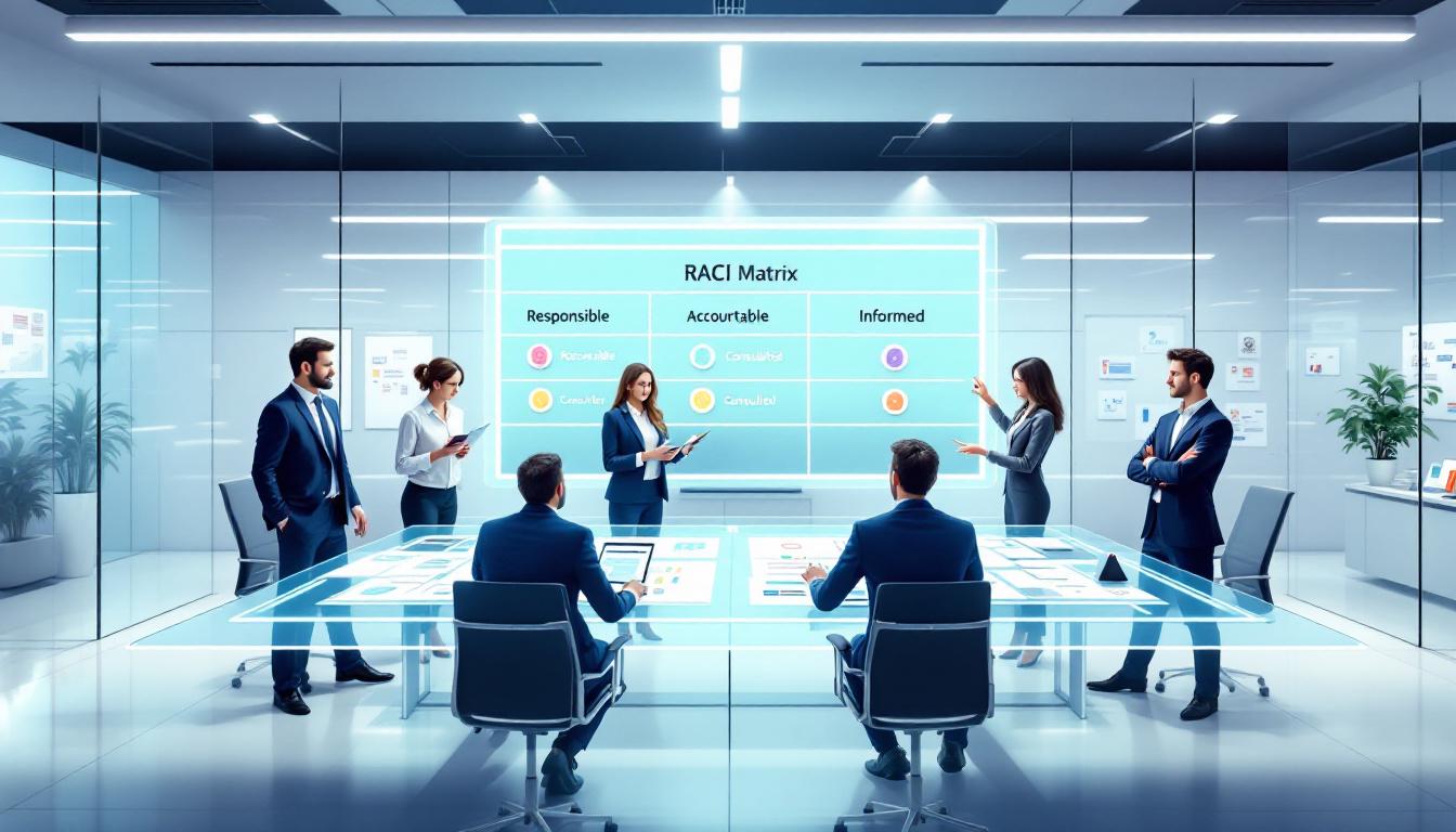 Équipe d'entreprise utilisant la matrice RACI pour organiser leurs responsabilités projet